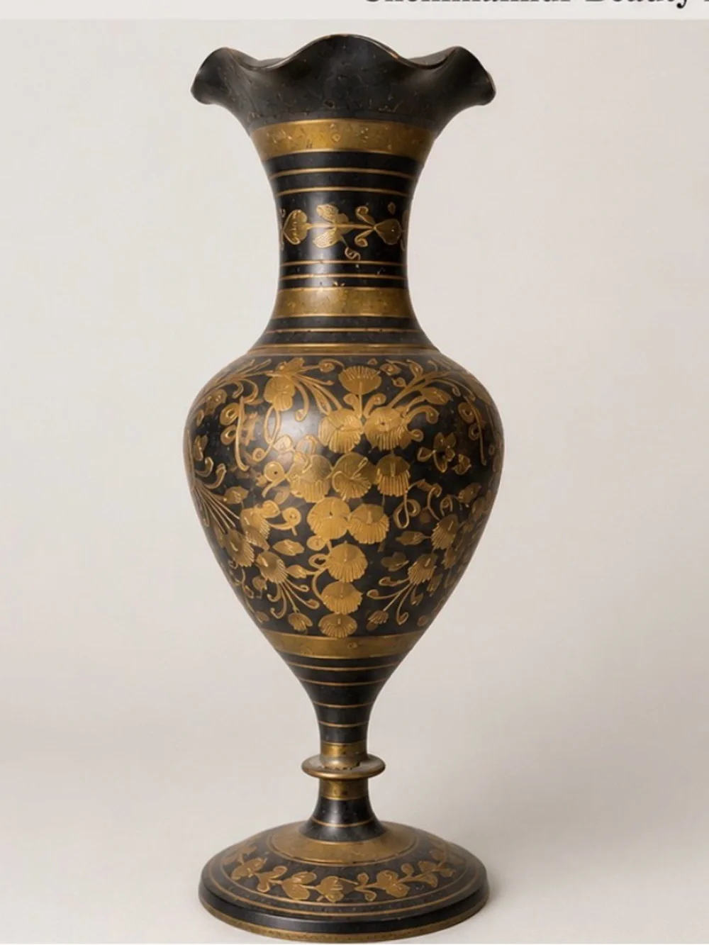 Vintage Indian Etched Brass Ornate Black & Gold Bud Urn Vase